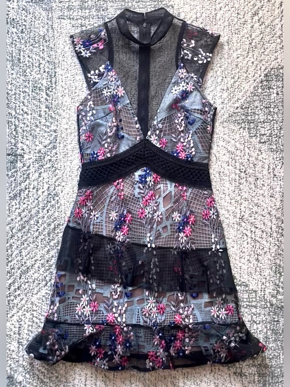 Pristine SELF-PORTRAIT Dress with Lace Overlay + Mesh + Floral Embroidery